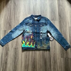 Original Fables Hand-painted Unique Embellished Trucker Denim Jacket Large